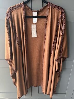 NWT Chico’s Crochet vegan suede ruana L/XL, rust brown